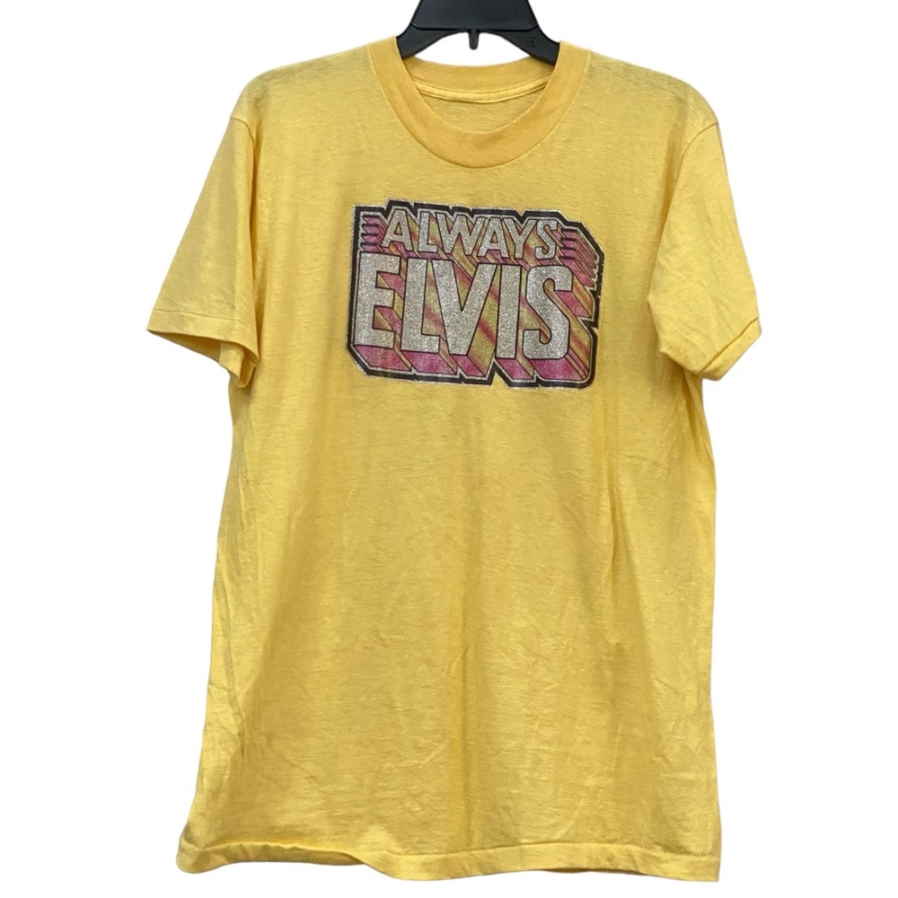 Vintage 70s 80s Single Stitch Yellow Elvis Tee Tshirt M Glitter Vinyl Graphic